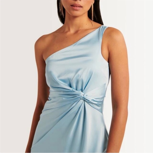 Abercrombie Light Blue One Shoulder Satin Knotted Midi Dress NEW - Picture 2 of 9